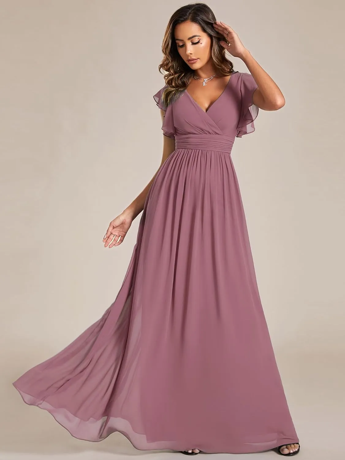 Ever-Pretty Women's Flowy Chiffon A Line Ruffles Sleeves Back Cutout Bridesmaid Dresses 01819