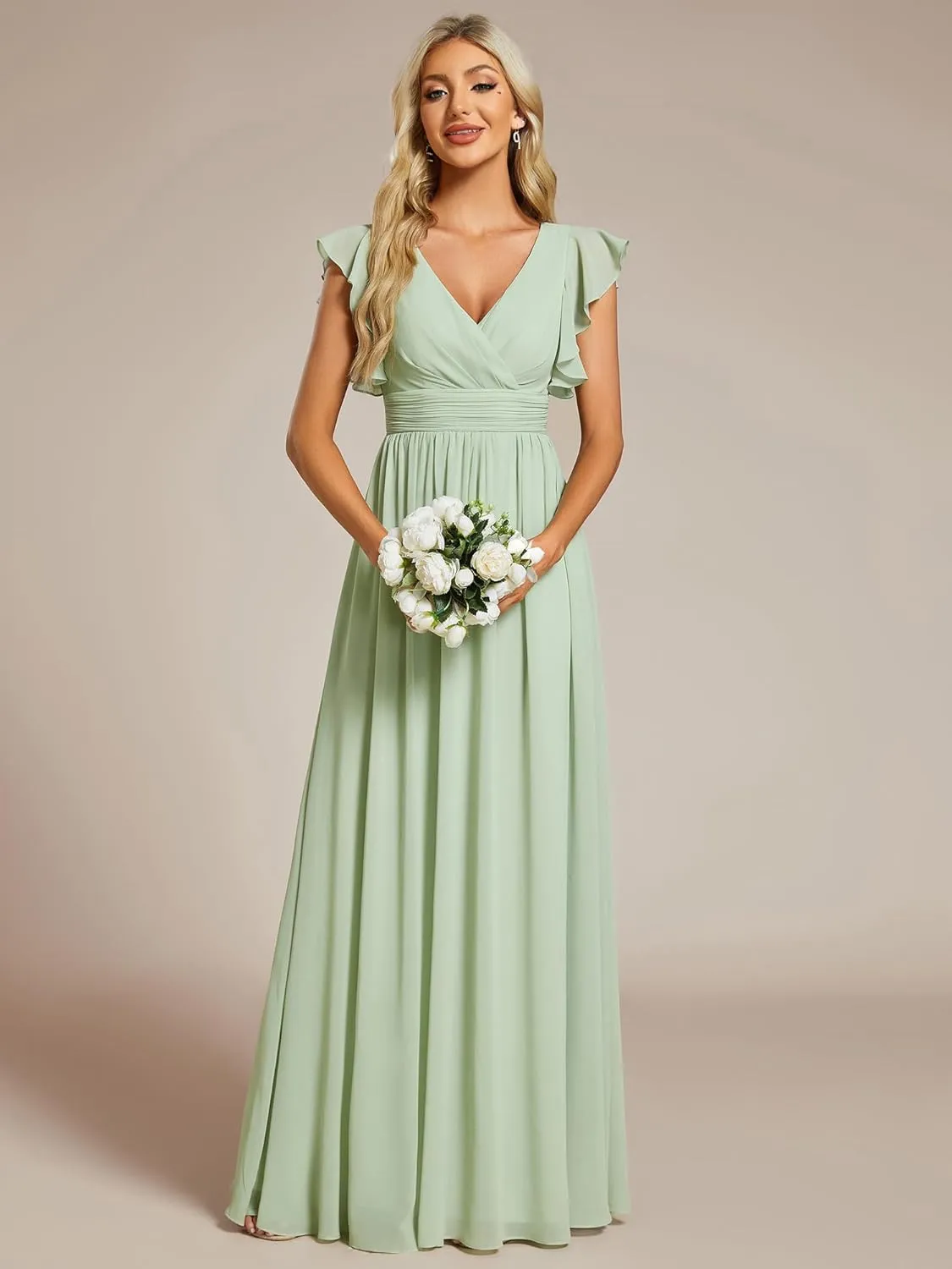 Ever-Pretty Women's Flowy Chiffon A Line Ruffles Sleeves Back Cutout Bridesmaid Dresses 01819