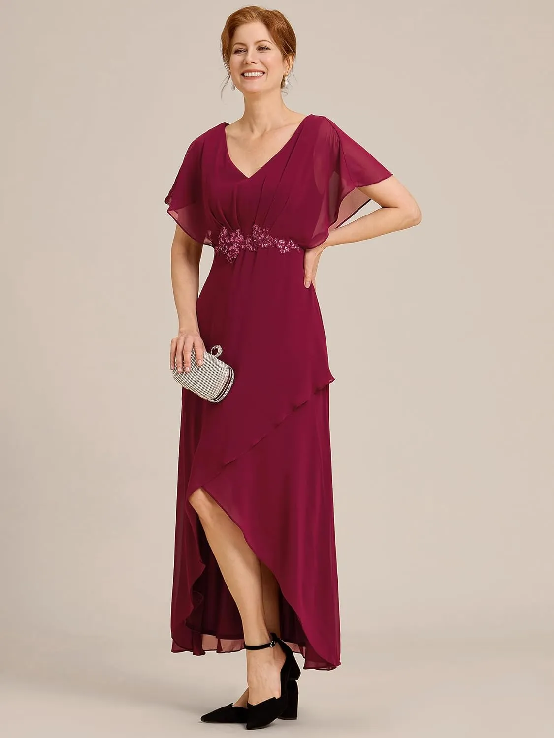 Ever-Pretty Women's Formal Dress A Line V Neck Applique Waist Tea Length Wedding Guest Dress 02027