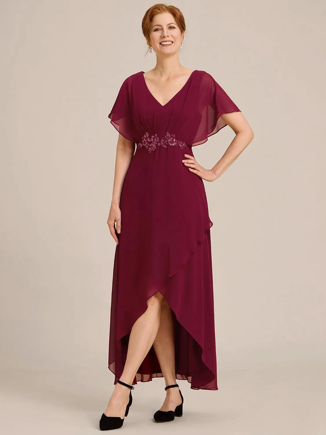 Ever-Pretty Women's Formal Dress A Line V Neck Applique Waist Tea Length Wedding Guest Dress 02027