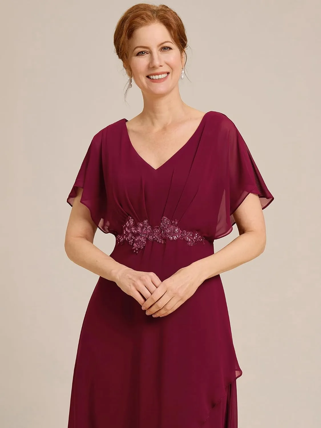 Ever-Pretty Women's Formal Dress A Line V Neck Applique Waist Tea Length Wedding Guest Dress 02027