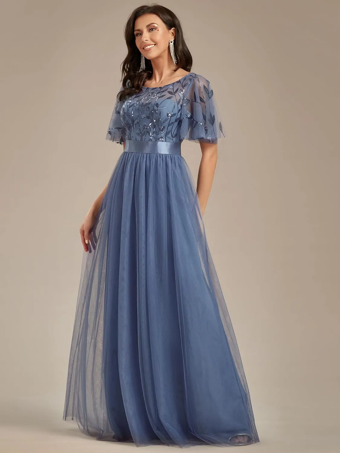 Ever-Pretty Women's Formal Dresses Crew Neck Sequin Ruffle Sleeve Empire Waist Beaded Long Evening Dresses 00904