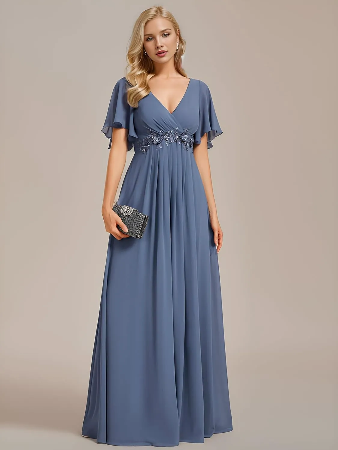 Ever-Pretty Women's Mother's Dress Chiffon V Neck A Line Appliques Waist Formal Dresses 01960