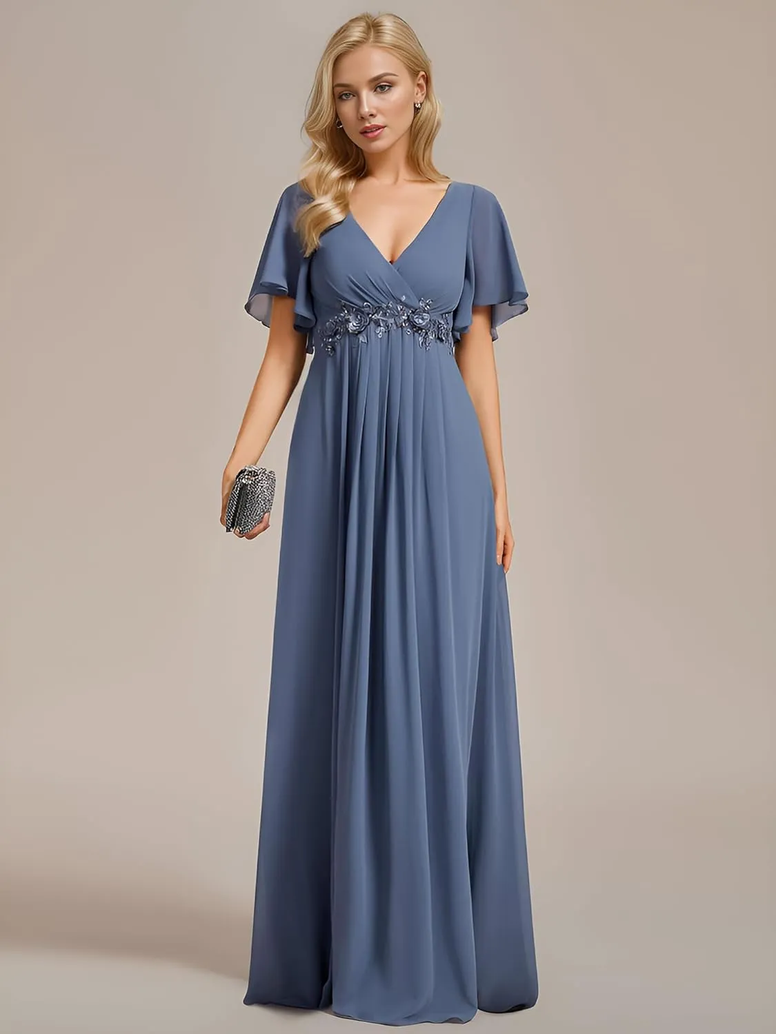 Ever-Pretty Women's Mother's Dress Chiffon V Neck A Line Appliques Waist Formal Dresses 01960