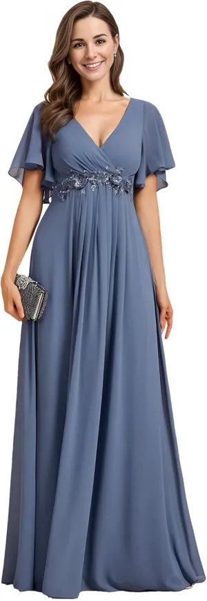 Ever-Pretty Women's Mother's Dress Chiffon V Neck A Line Appliques Waist Formal Dresses 01960