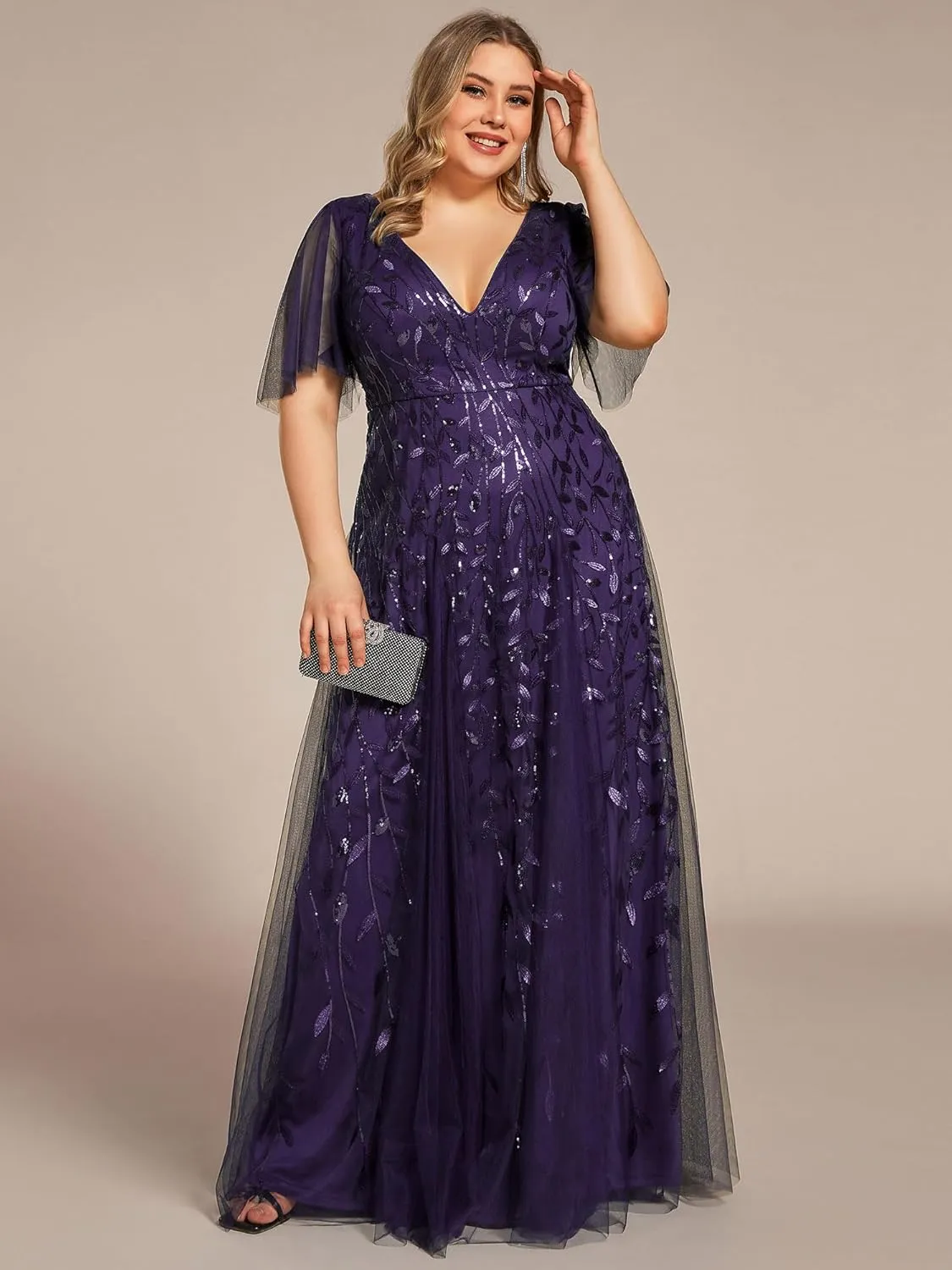 Ever-Pretty Womens Plus Size V-Neck Sequin Emboridery Formal Evening Dresses with Sleeves 00736-DA