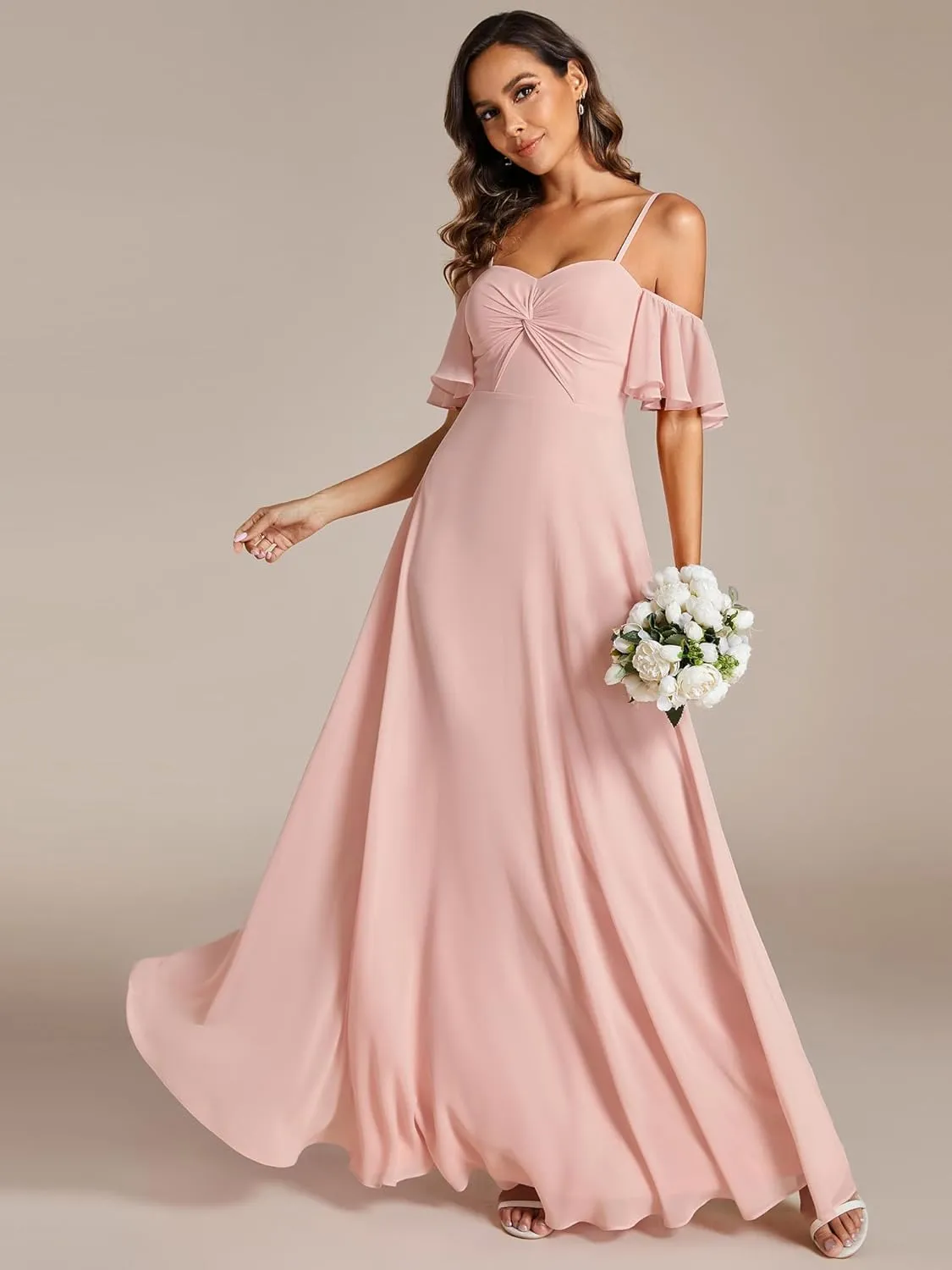 Ever-Pretty Women's Ruffle Sleeve Bridemaid Dress Off Shoulder Pleated A Line Chiffon Long Formal Dress 02013