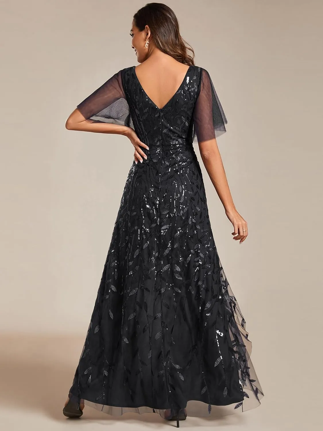 Ever-Pretty Women's Shimmery Formal Dress V Neck Sequins A-Line Side Slit Elegant Long Evening Dresses 02083