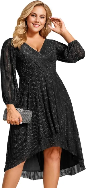 Ever-Pretty Women's Sparkling V Neck A Line Long Sleeves Knee Length Plus Size Semi Formal Dresses 02266-DAPH
