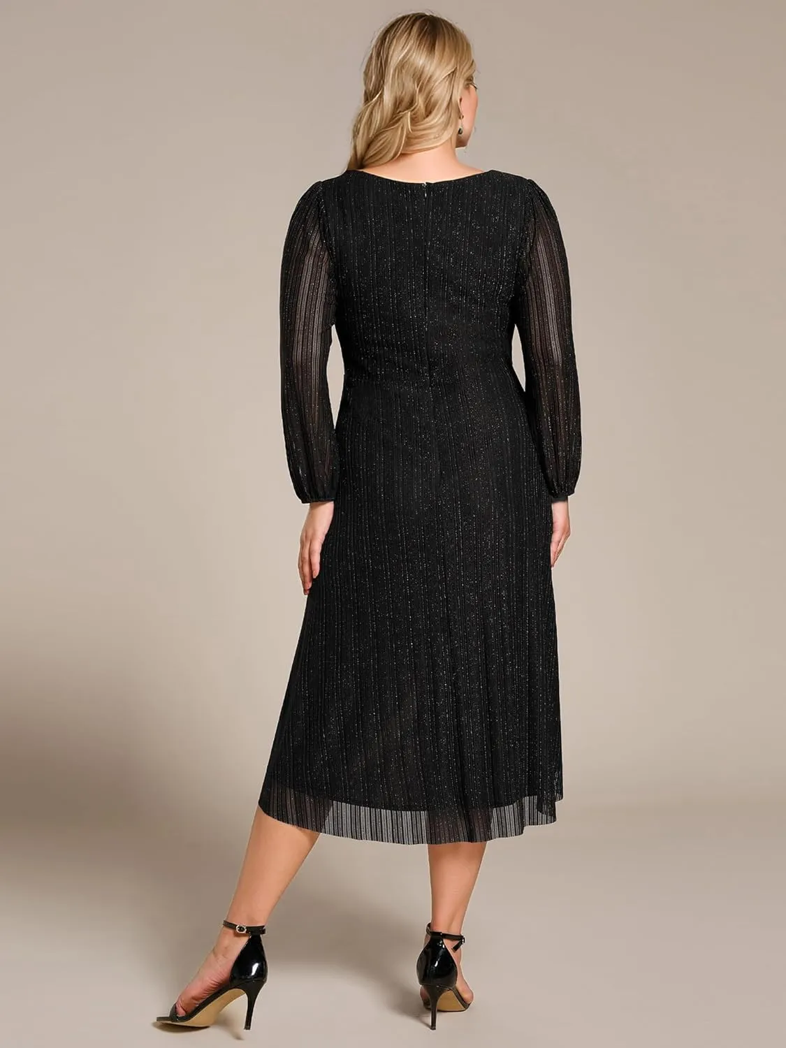 Ever-Pretty Women's Sparkling V Neck A Line Long Sleeves Knee Length Plus Size Semi Formal Dresses 02266-DAPH