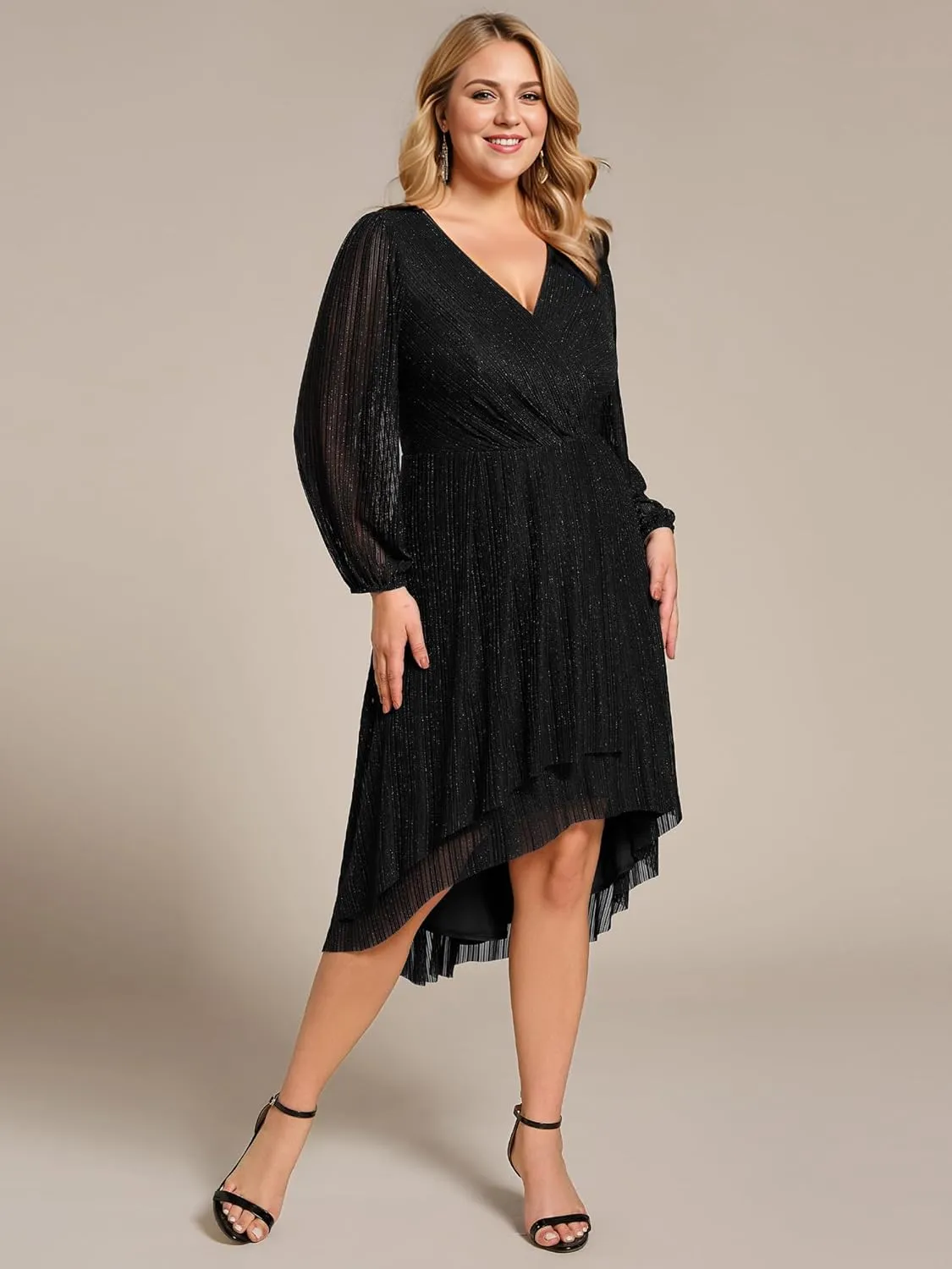 Ever-Pretty Women's Sparkling V Neck A Line Long Sleeves Knee Length Plus Size Semi Formal Dresses 02266-DAPH