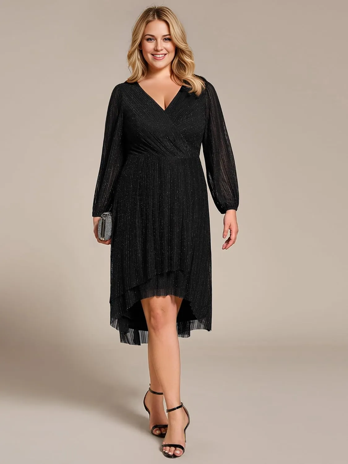 Ever-Pretty Women's Sparkling V Neck A Line Long Sleeves Knee Length Plus Size Semi Formal Dresses 02266-DAPH