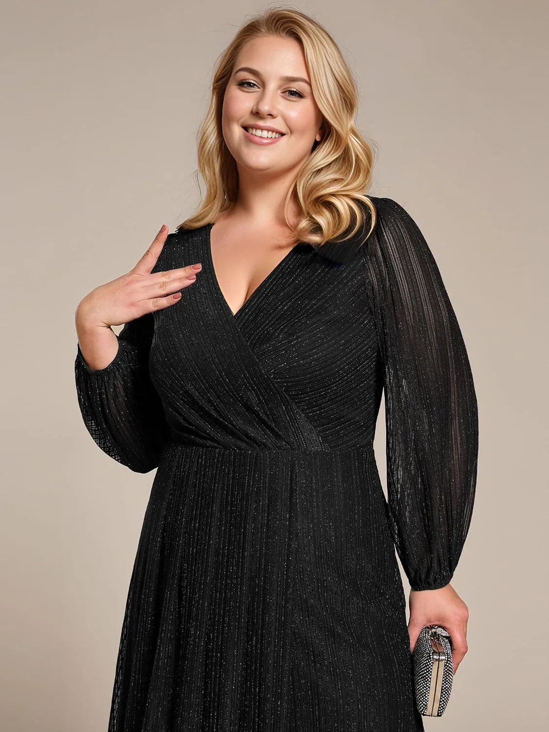 Ever-Pretty Women's Sparkling V Neck A Line Long Sleeves Knee Length Plus Size Semi Formal Dresses 02266-DAPH