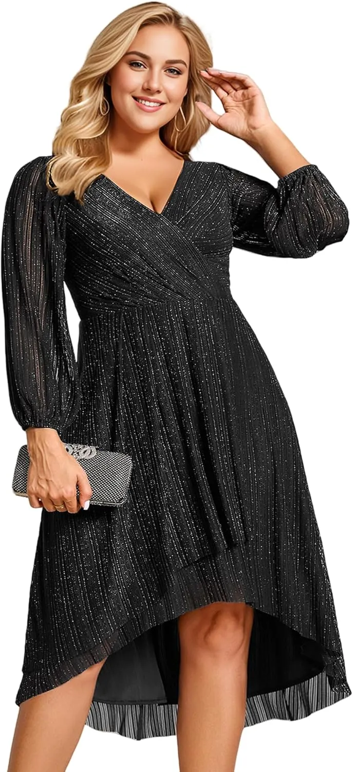 Ever-Pretty Women's Sparkling V Neck A Line Long Sleeves Knee Length Plus Size Semi Formal Dresses 02266-DAPH