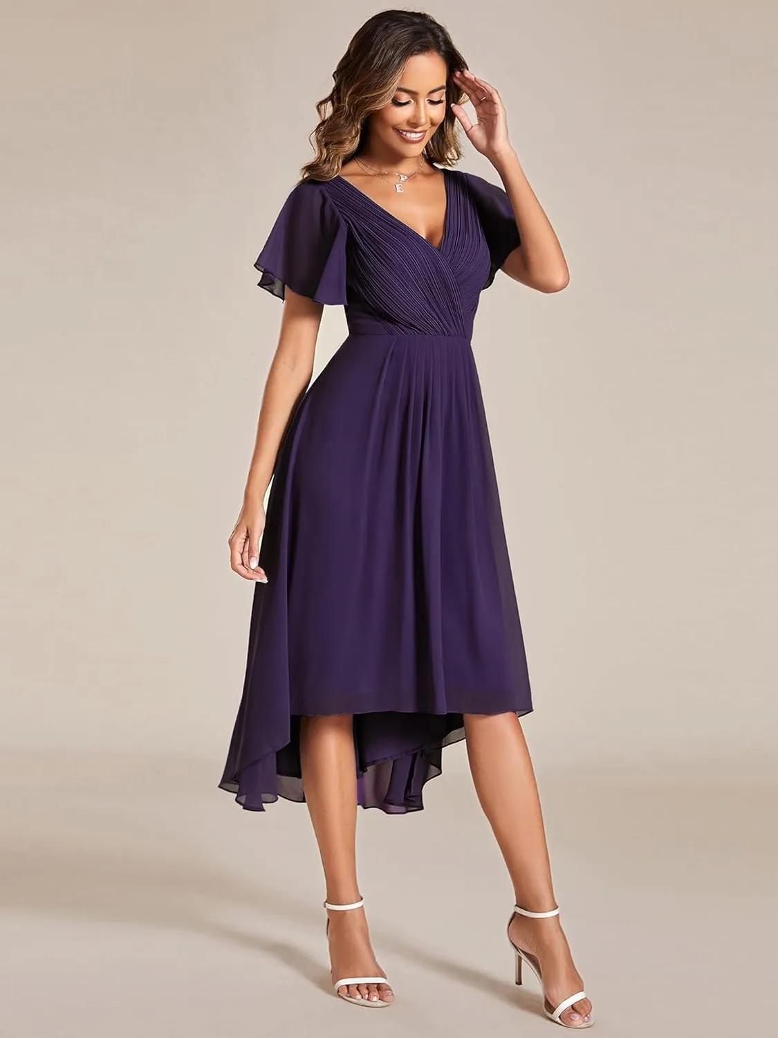 Ever-Pretty Women's Summer Chiffon Pleated V-Neck Short Wedding Guest Dress with Ruffled Sleeves 01923