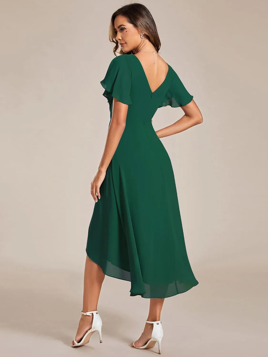 Ever-Pretty Women's Summer Chiffon Pleated V-Neck Short Wedding Guest Dress with Ruffled Sleeves 01923