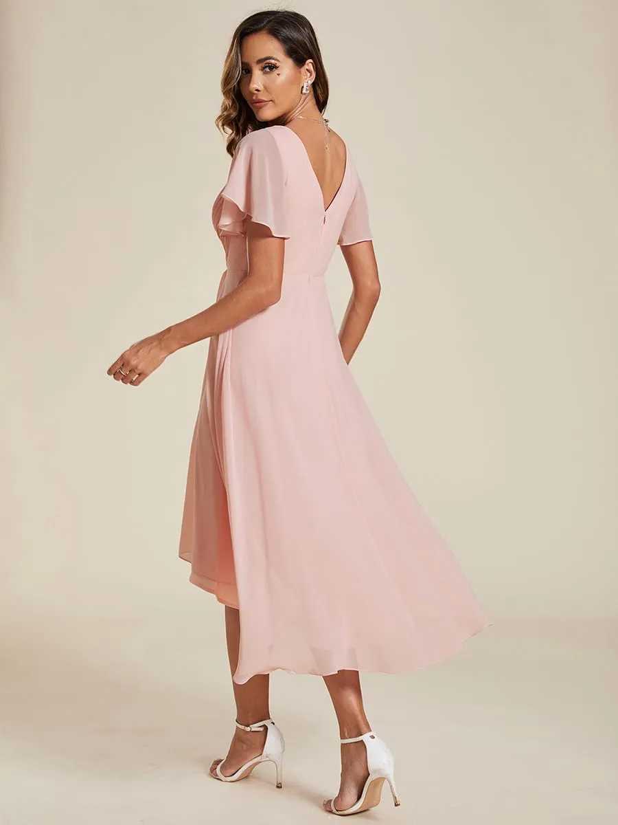 Ever-Pretty Women's Summer Chiffon Pleated V-Neck Short Wedding Guest Dress with Ruffled Sleeves 01923
