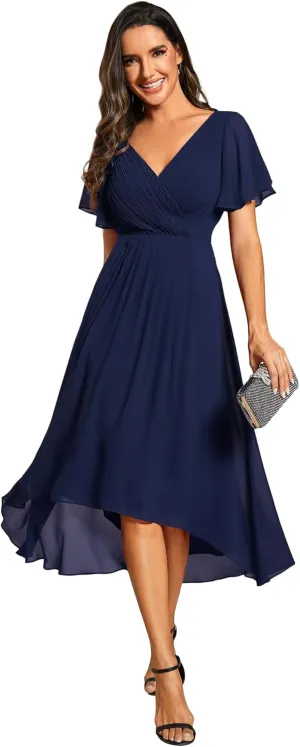 Ever-Pretty Women's Summer Chiffon Pleated V-Neck Short Wedding Guest Dress with Ruffled Sleeves 01923