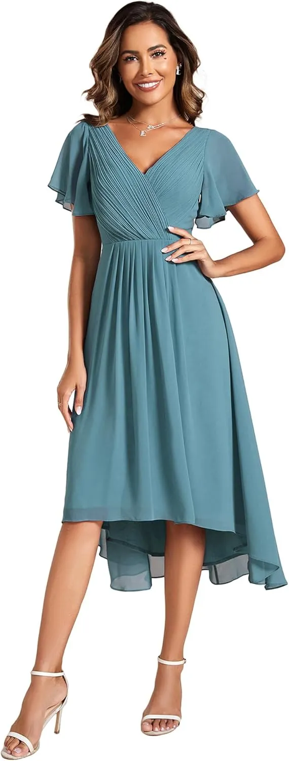 Ever-Pretty Women's Summer Chiffon Pleated V-Neck Short Wedding Guest Dress with Ruffled Sleeves 01923