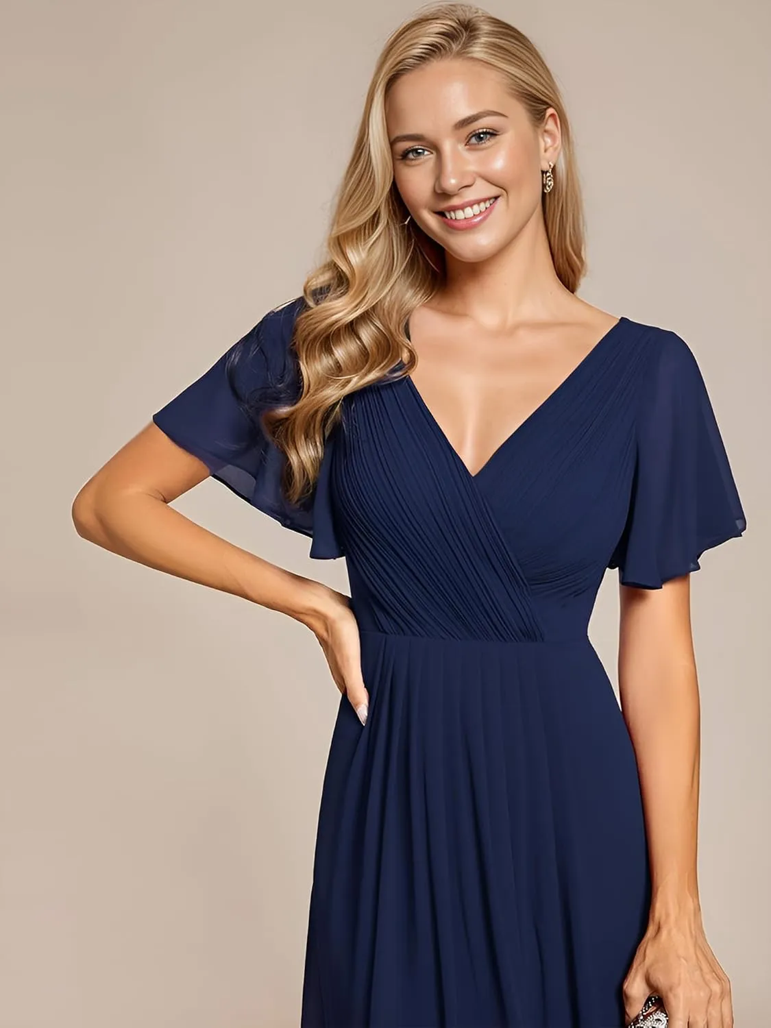 Ever-Pretty Women's Summer Chiffon Pleated V-Neck Short Wedding Guest Dress with Ruffled Sleeves 01923