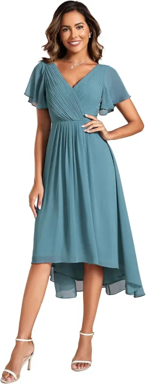 Ever-Pretty Women's Summer Chiffon Pleated V-Neck Short Wedding Guest Dress with Ruffled Sleeves 01923