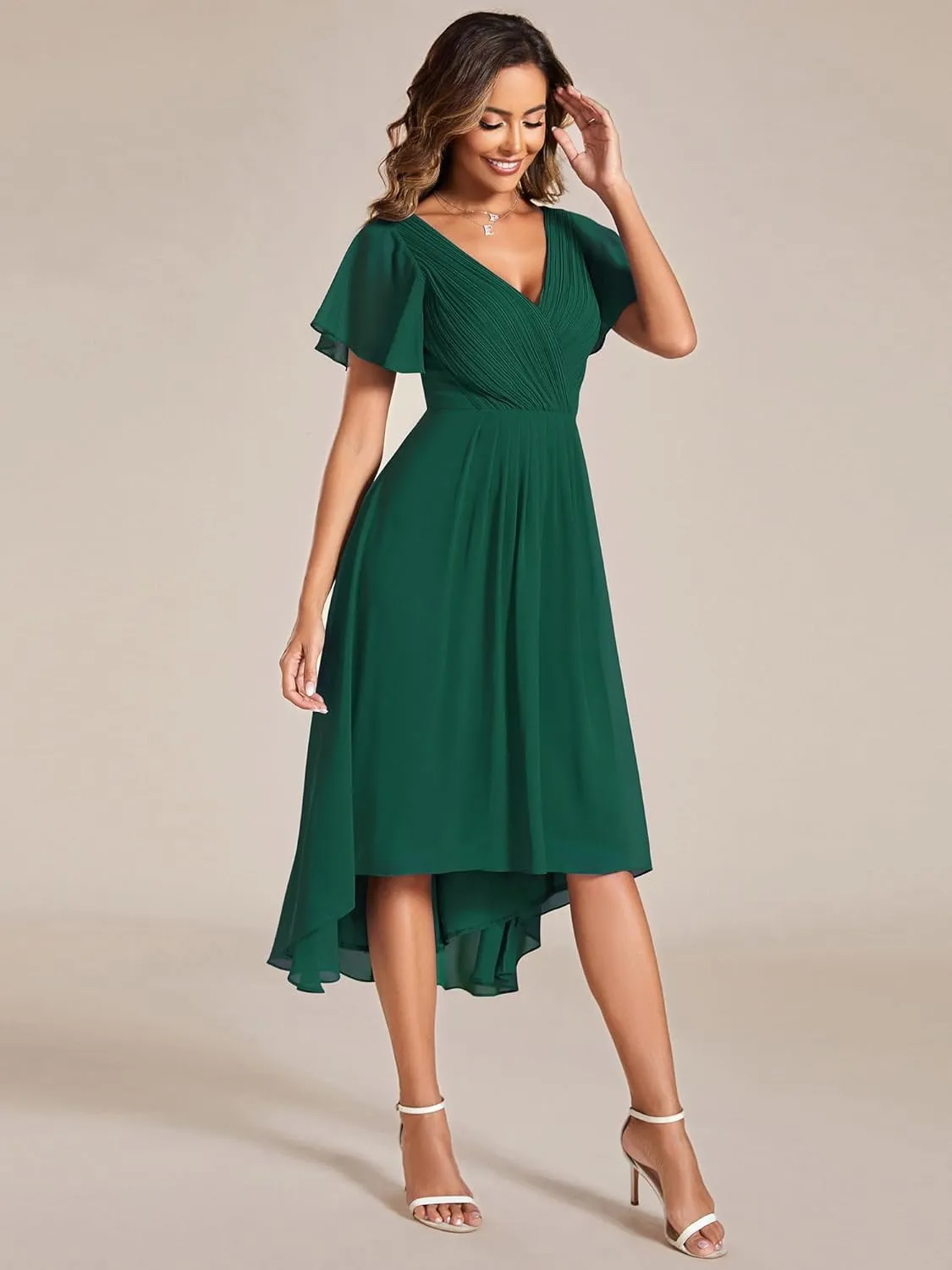 Ever-Pretty Women's Summer Chiffon Pleated V-Neck Short Wedding Guest Dress with Ruffled Sleeves 01923