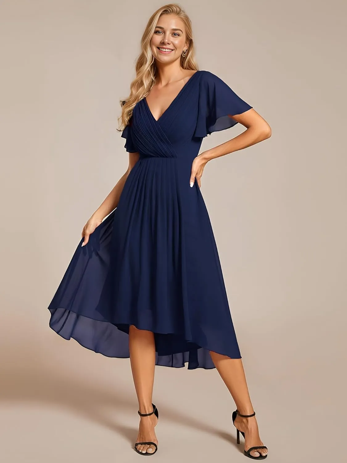 Ever-Pretty Women's Summer Chiffon Pleated V-Neck Short Wedding Guest Dress with Ruffled Sleeves 01923