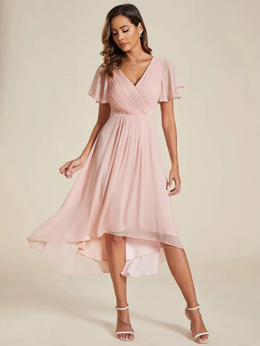 Ever-Pretty Women's Summer Chiffon Pleated V-Neck Short Wedding Guest Dress with Ruffled Sleeves 01923