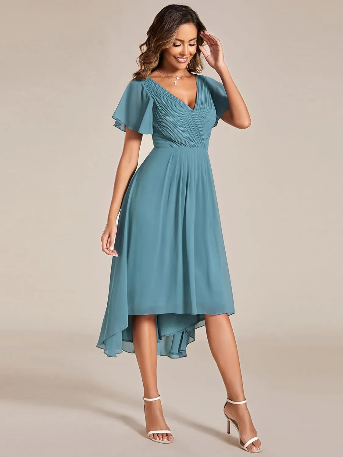 Ever-Pretty Women's Summer Chiffon Pleated V-Neck Short Wedding Guest Dress with Ruffled Sleeves 01923