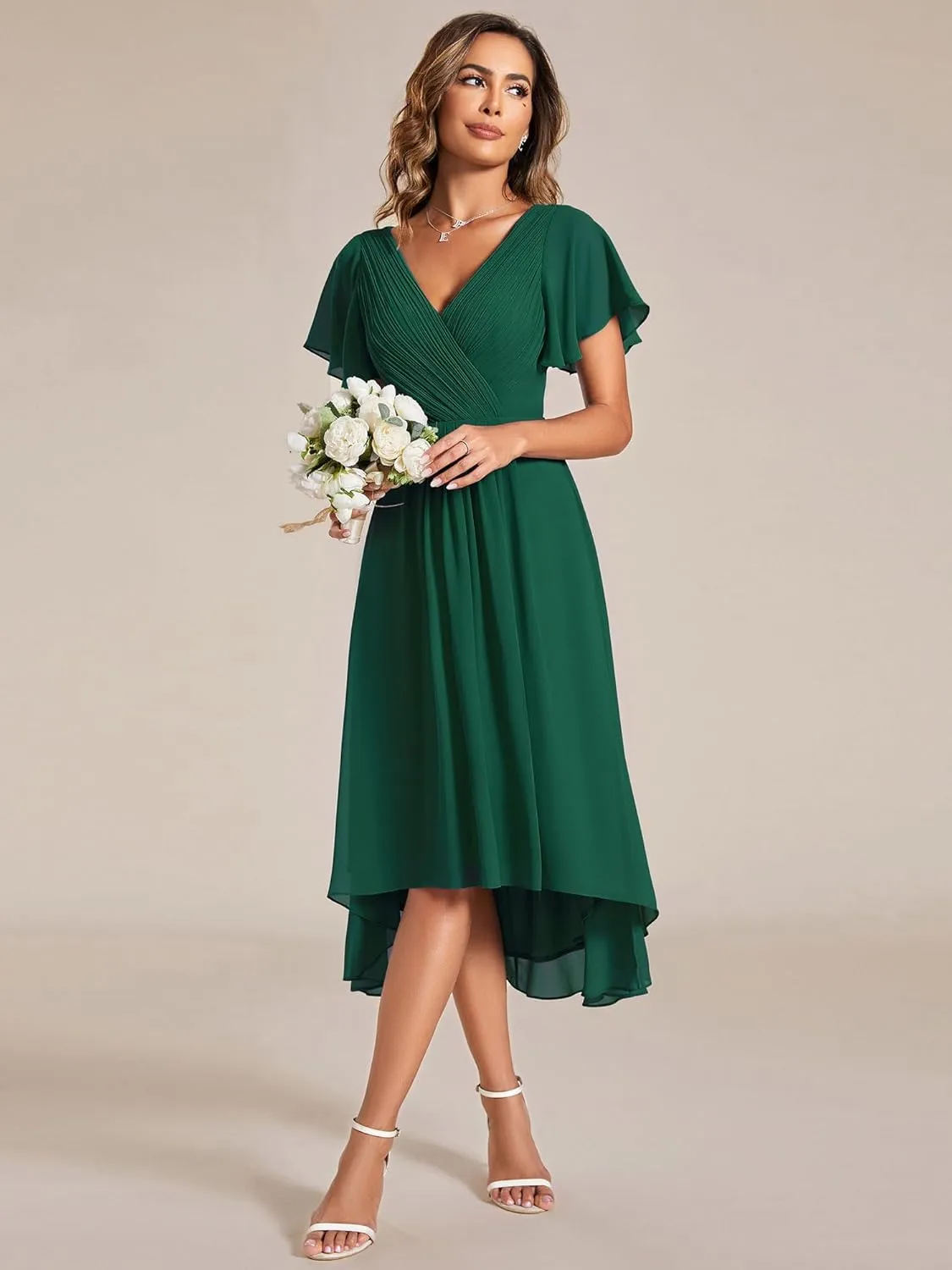 Ever-Pretty Women's Summer Chiffon Pleated V-Neck Short Wedding Guest Dress with Ruffled Sleeves 01923