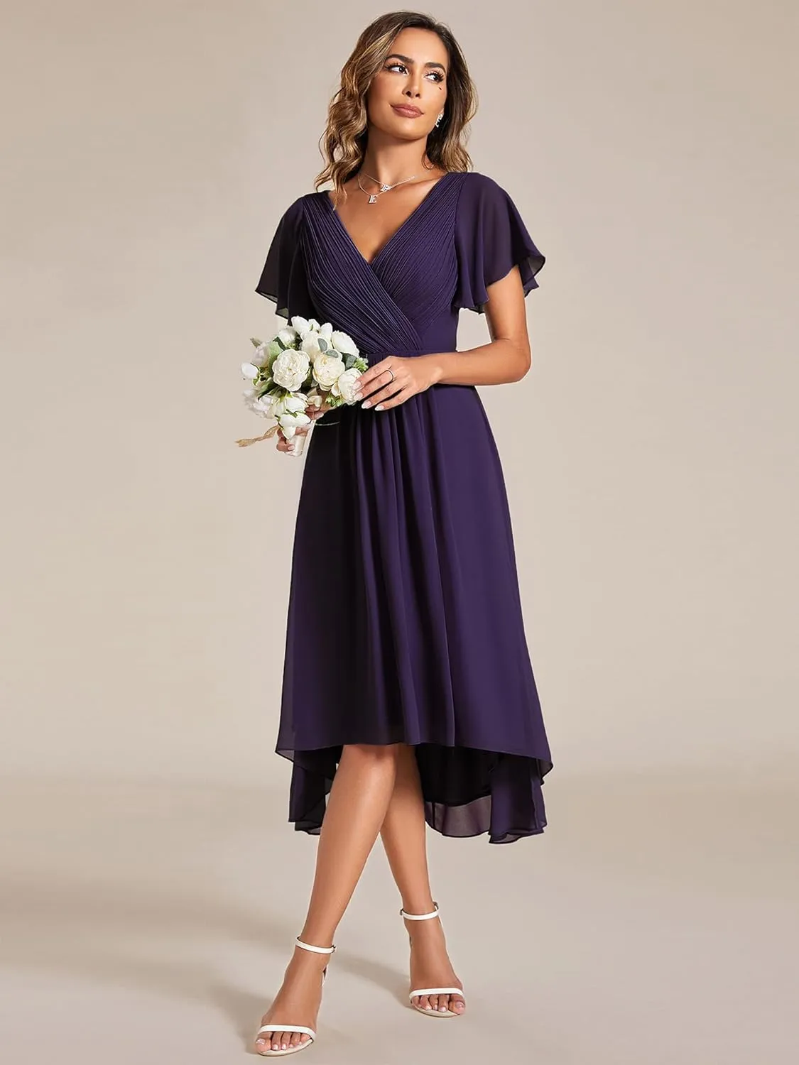 Ever-Pretty Women's Summer Chiffon Pleated V-Neck Short Wedding Guest Dress with Ruffled Sleeves 01923