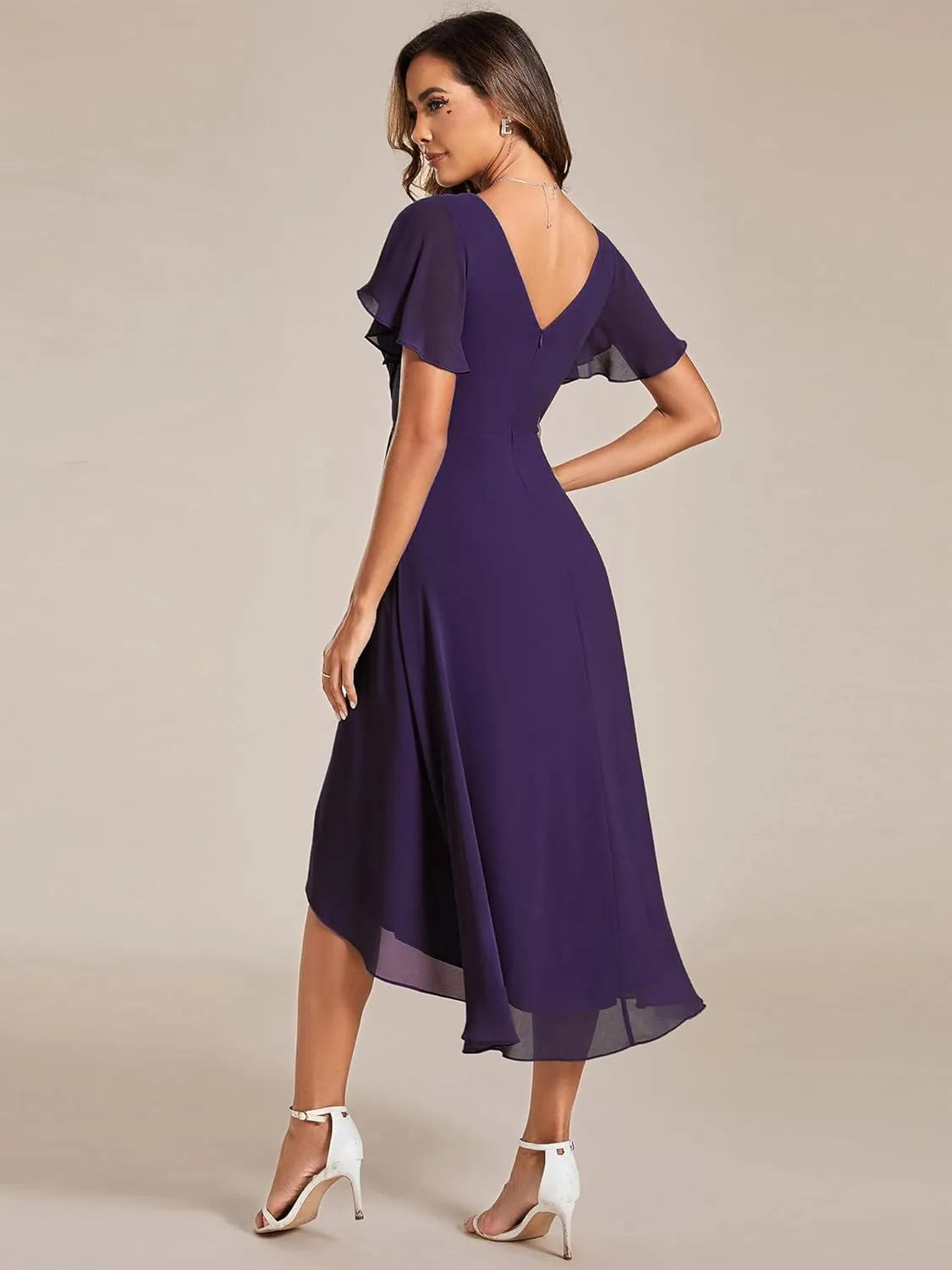 Ever-Pretty Women's Summer Chiffon Pleated V-Neck Short Wedding Guest Dress with Ruffled Sleeves 01923