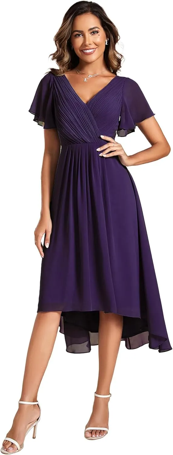 Ever-Pretty Women's Summer Chiffon Pleated V-Neck Short Wedding Guest Dress with Ruffled Sleeves 01923
