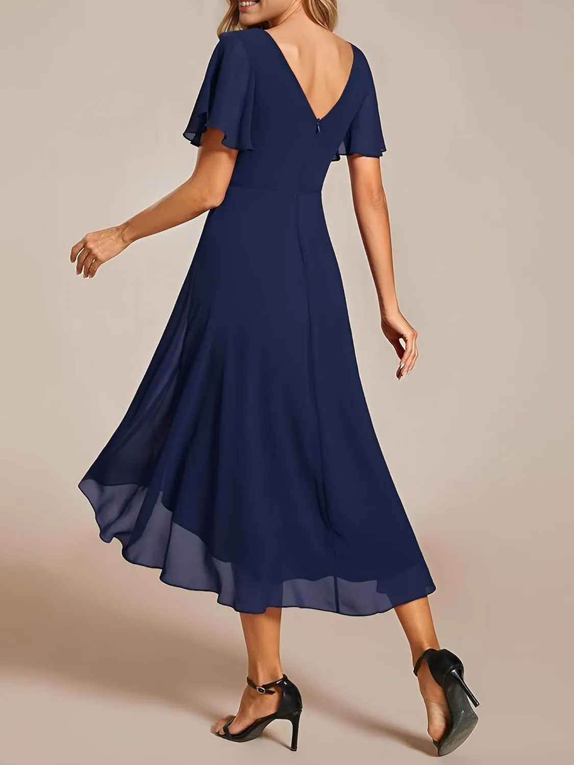 Ever-Pretty Women's Summer Chiffon Pleated V-Neck Short Wedding Guest Dress with Ruffled Sleeves 01923
