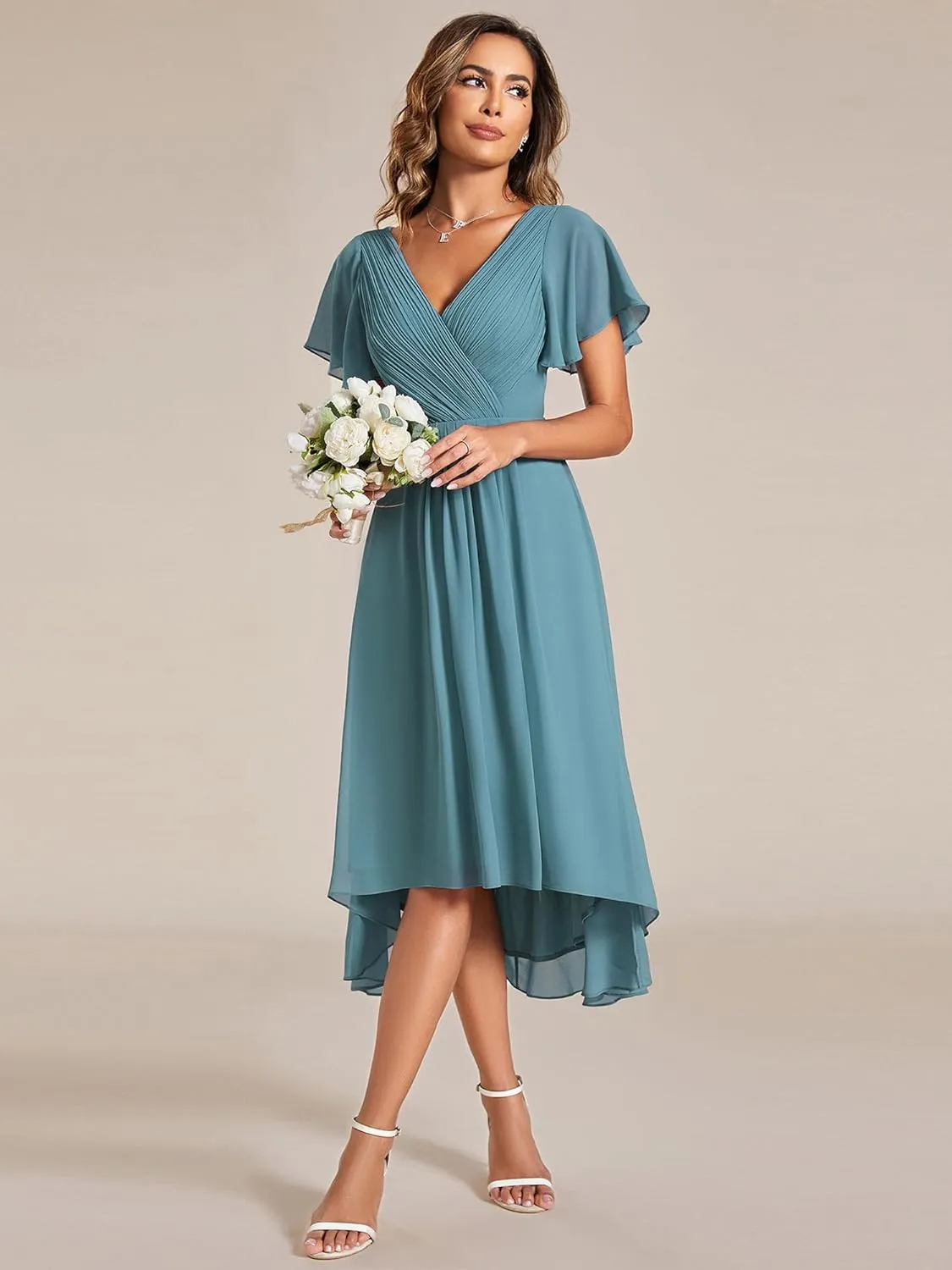 Ever-Pretty Women's Summer Chiffon Pleated V-Neck Short Wedding Guest Dress with Ruffled Sleeves 01923