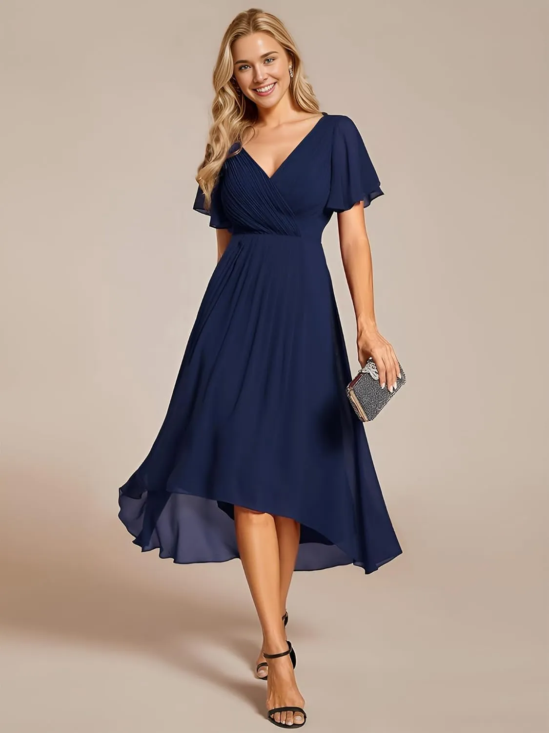 Ever-Pretty Women's Summer Chiffon Pleated V-Neck Short Wedding Guest Dress with Ruffled Sleeves 01923
