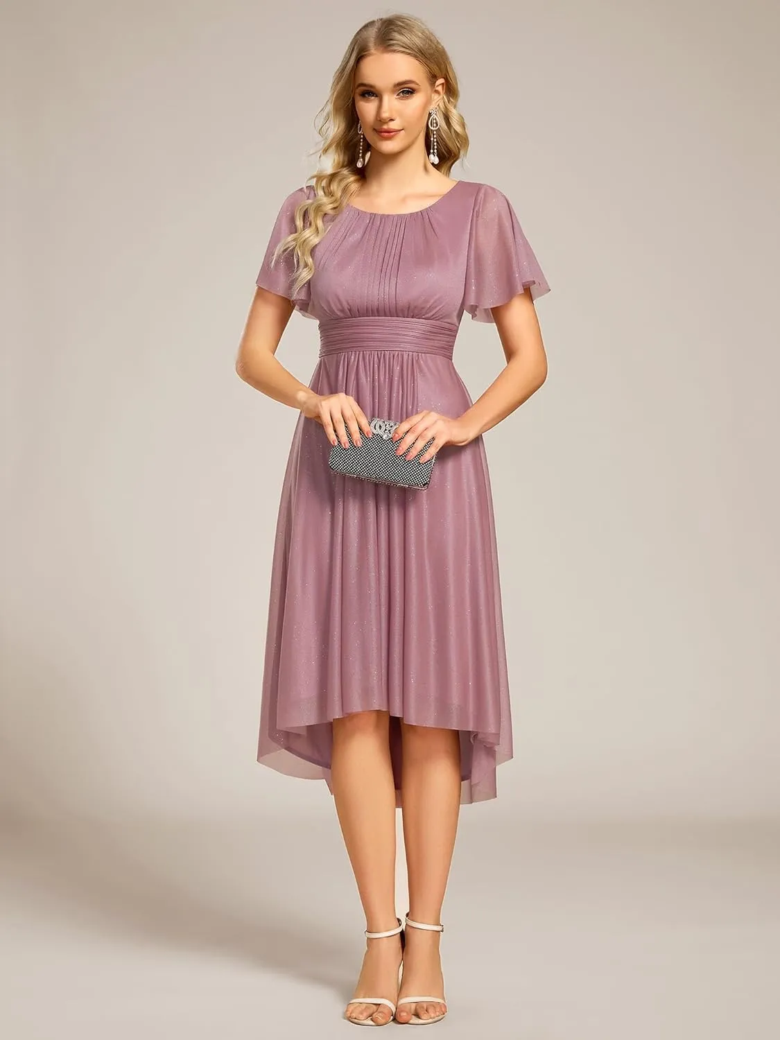 Ever-Pretty Women's Summer Glitter Crew Neck Hi-Lo High Waist Short Wedding Guest Dress 55159