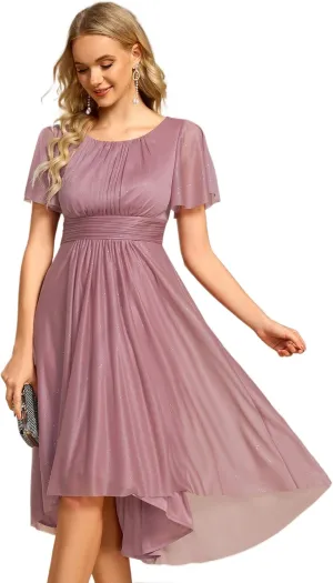 Ever-Pretty Women's Summer Glitter Crew Neck Hi-Lo High Waist Short Wedding Guest Dress 55159