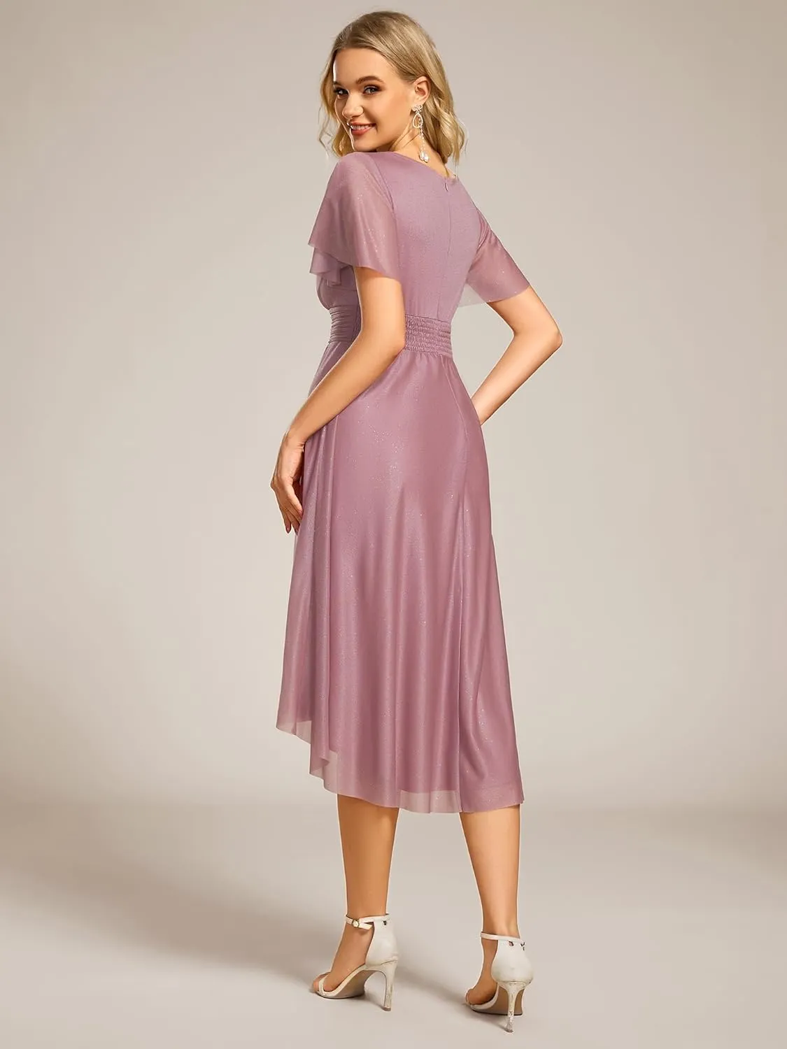 Ever-Pretty Women's Summer Glitter Crew Neck Hi-Lo High Waist Short Wedding Guest Dress 55159