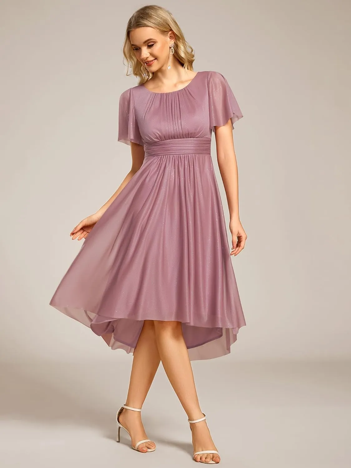 Ever-Pretty Women's Summer Glitter Crew Neck Hi-Lo High Waist Short Wedding Guest Dress 55159