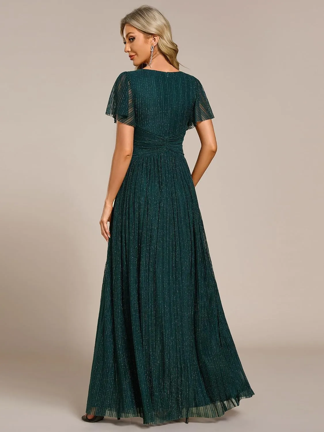 Ever-Pretty Women's Summer Wedding Guest Dress Glitter V Neck Pleated Short Sleeves Evening Mother Dresses 11961