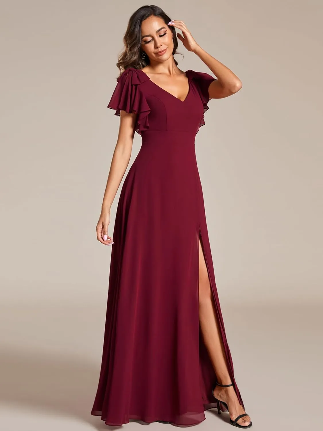 Ever-Pretty Women's V Neck High Waist Bridesmaid Dress Ruffle Sleeves Slit A Line Maxi Semi Formal Dresses 02080