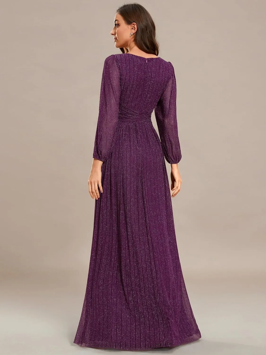 Ever-Pretty Women's V Neck Ruched High Waist Long Sleeves Floor Length Glitter Evening Dresses 01961