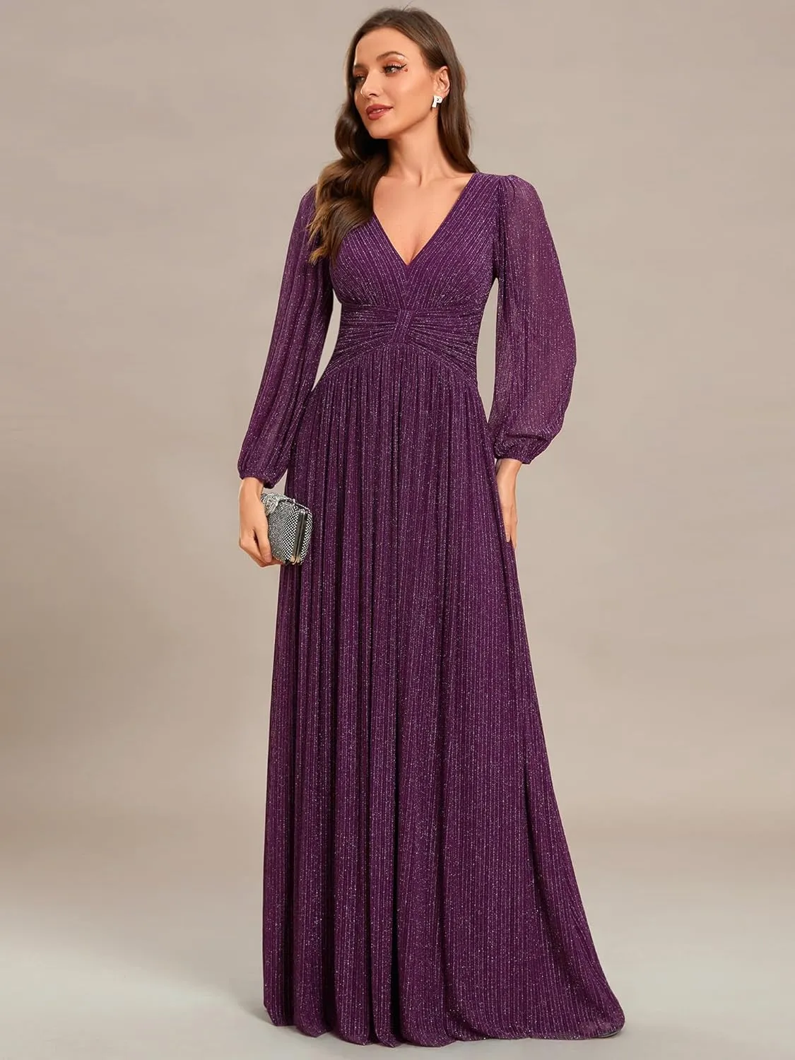 Ever-Pretty Women's V Neck Ruched High Waist Long Sleeves Floor Length Glitter Evening Dresses 01961