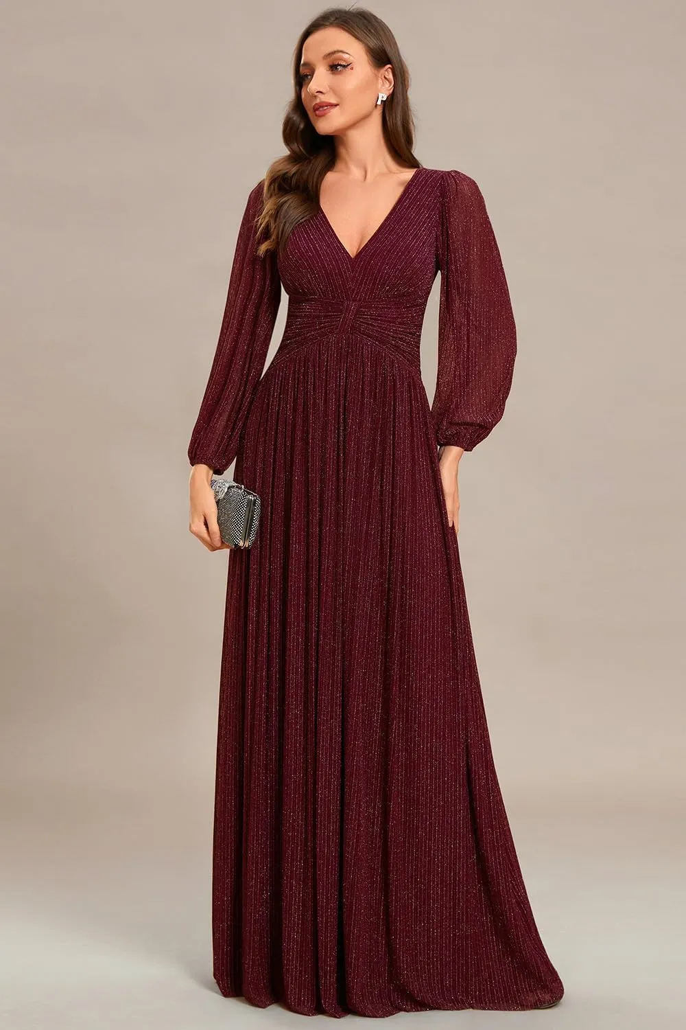 Ever-Pretty Women's V Neck Ruched High Waist Long Sleeves Floor Length Glitter Evening Dresses 01961