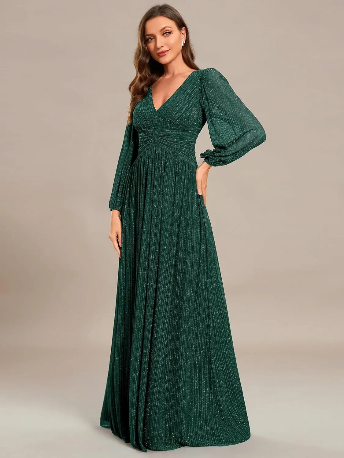 Ever-Pretty Women's V Neck Ruched High Waist Long Sleeves Floor Length Glitter Evening Dresses 01961