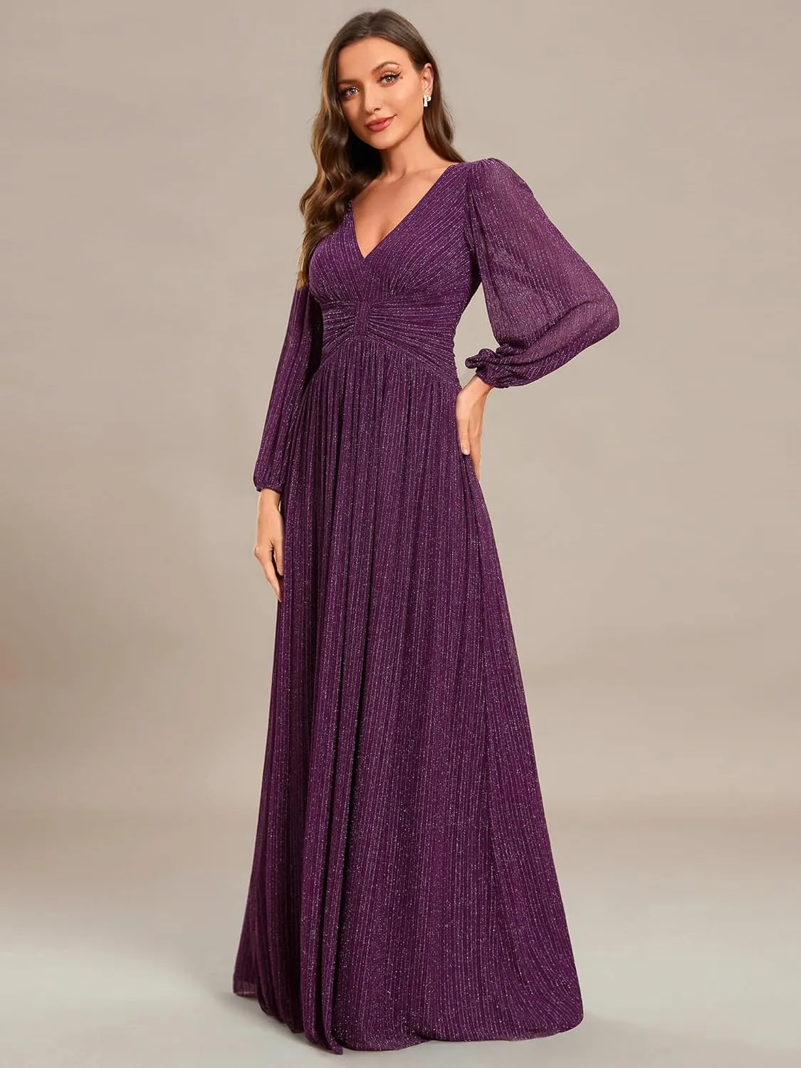 Ever-Pretty Women's V Neck Ruched High Waist Long Sleeves Floor Length Glitter Evening Dresses 01961