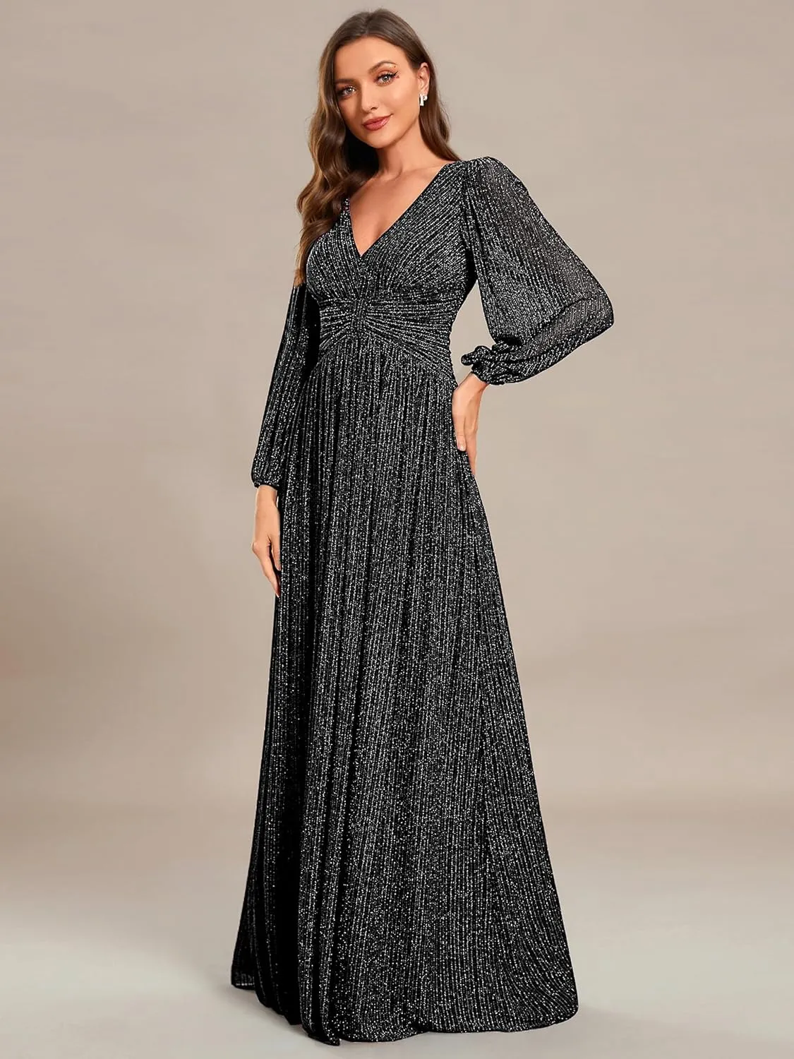 Ever-Pretty Women's V Neck Ruched High Waist Long Sleeves Floor Length Glitter Evening Dresses 01961