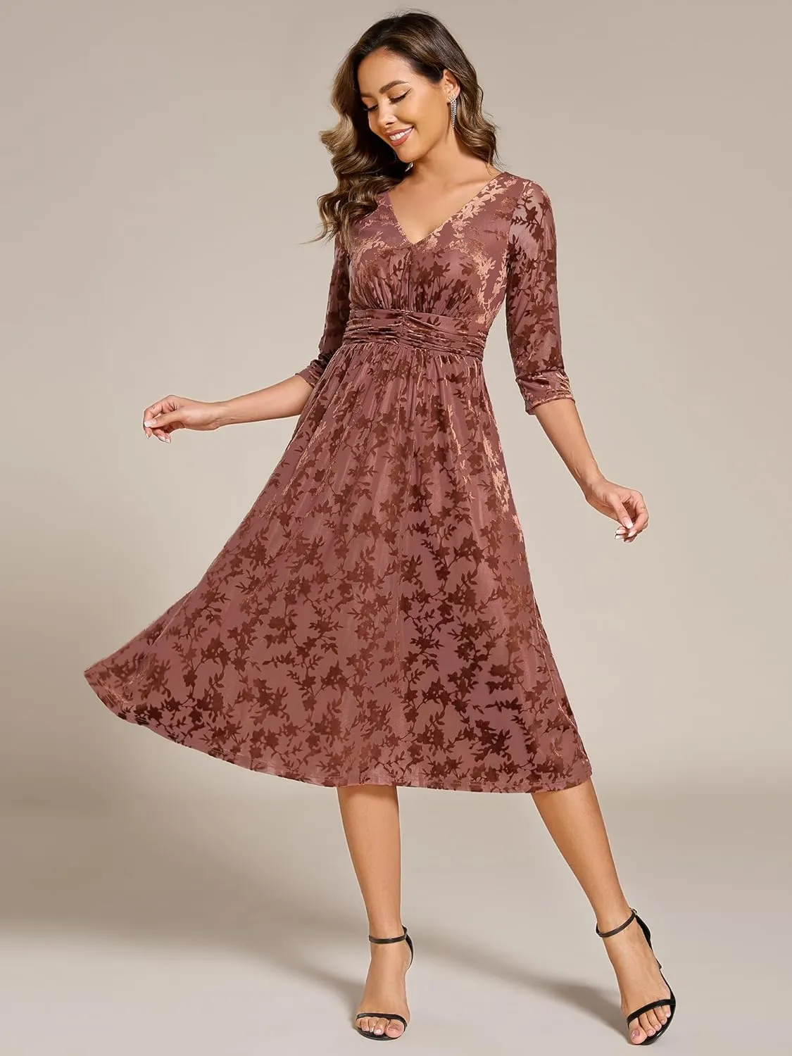 Ever-Pretty Women's Velvet V-Neck Elastic Waist A Line Long Sleeves Floral Print Formal Dresses with Pocket 02284