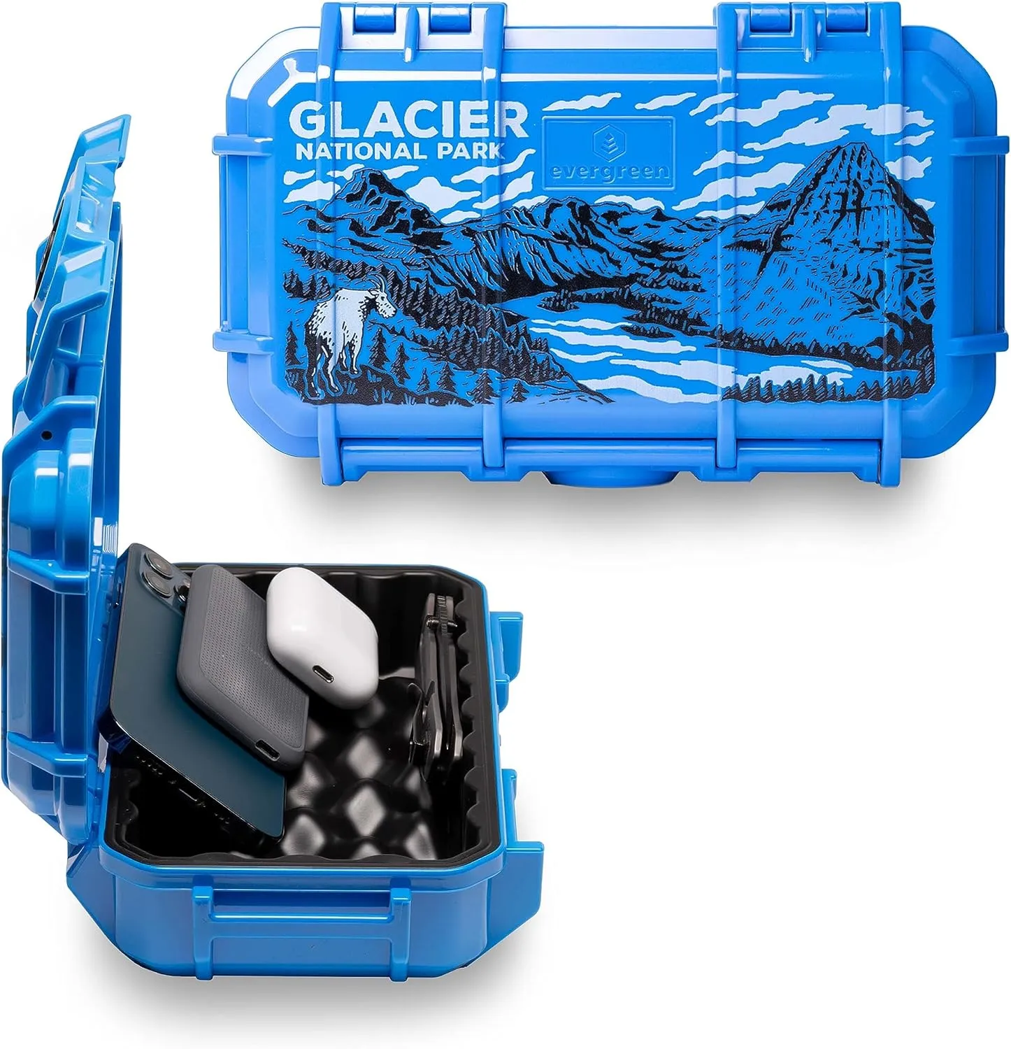 Evergreen X National Parks 56 EDC Dry Box Protective Case - National Parks Gift - for Phones, Camping, Travel, Adventure (Glacier National Park, Blue)